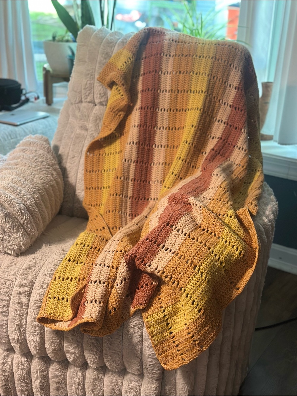 Vintage Handmade Crochet Afghan Throw Blanket Fall Colors Rust Gold Brown 56x39